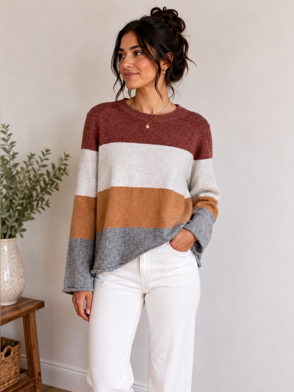 NWT Pinque Gina Colorblock Stripe Crewneck Sweater Rust Stone Combo Size XL